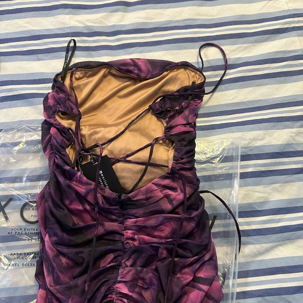 White Fox Boutique Red and Black Ruched Asymmetrical Cocktail Dress - Picture 3 of 3